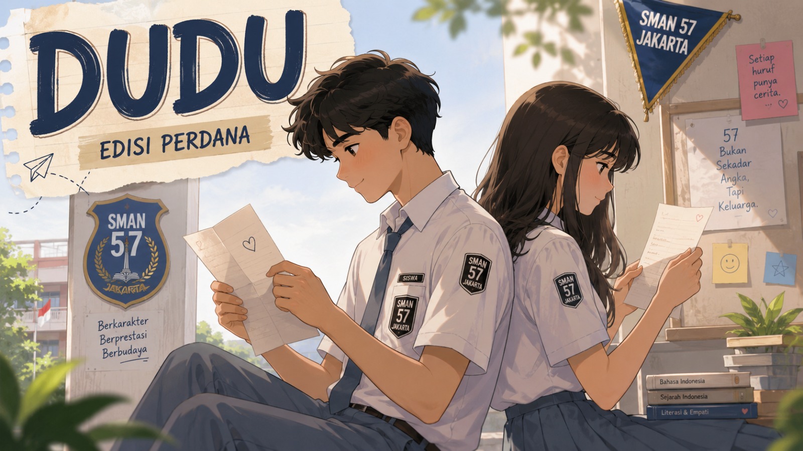 Ilustrasi DUDU Edisi Perdana Anak 57 dengan siswa SMAN 57 Jakarta membaca surat kenangan sekolah